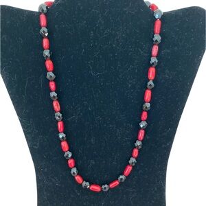 Art Deco Red & Black Faceted Glass Beaded Necklace 22in Vintage Antique Jewelry
